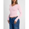 imageTrendy Queen Long Sleeve Shirts for Women 2026 Fall Fashion V Neck Basics Crop Tops Slim Fitted Y2K Tops Outfits ClothesPink