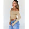 imageTrendy Queen Women Long Sleeve Shirts Off Shoulder Tops Going Out Crop Sexy Slim Fitted Y2K Fall Outfits 2026 Fashion ClothesApricot