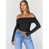 imageTrendy Queen Women Long Sleeve Shirts Off Shoulder Tops Going Out Crop Sexy Slim Fitted Y2K Fall Outfits 2026 Fashion ClothesBlack