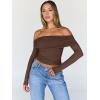 imageTrendy Queen Women Long Sleeve Shirts Off Shoulder Tops Going Out Crop Sexy Slim Fitted Y2K Fall Outfits 2026 Fashion ClothesCoffee