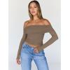 imageTrendy Queen Women Long Sleeve Shirts Off Shoulder Tops Going Out Crop Sexy Slim Fitted Y2K Fall Outfits 2026 Fashion ClothesCoffeegrey