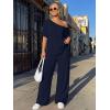 imageTrendy Queen Womens 2 Piece Lounge Sets Airport Travel Casual Outfits Off Shoulder Oversized Tshirts and Wide Leg Pants 2026Navy
