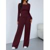 imageTrendy Queen Womens 2 Piece Matching Lounge Sets Long Sleeve Henley Neck Slightly Crop Top Wide Leg Pants Casual Sweat SuitWine Red