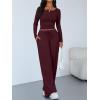 imageTrendy Queen Womens 2 Piece Matching Lounge Sets Long Sleeve Henley Neck Slightly Crop Top Wide Leg Pants Casual Sweat SuitWine Red