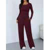 imageTrendy Queen Womens 2 Piece Matching Lounge Sets Long Sleeve Henley Neck Slightly Crop Top Wide Leg Pants Casual Sweat SuitWine Red