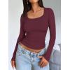 imageTrendy Queen Womens Long Sleeve Shirts Crop Tops Fall Fashion Solid Square Neck Going Out Basics Tees Y2k ClothesWine Red