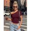 imageTrendy Queen Womens One Shoulder Short Sleeve Going Out TShirts 2026 Summer Crop TopsBurgundy