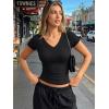 imageTrendy Queen Womens Short Sleeve Shirts V Neck Basic Crop Tops 2026 Fashion Summer Cute Tee Slim Fit Workout Y2k ClothesBlack