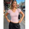 imageTrendy Queen Womens Short Sleeve Shirts V Neck Basic Crop Tops 2026 Fashion Summer Cute Tee Slim Fit Workout Y2k ClothesLight Pink