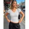 imageTrendy Queen Womens Short Sleeve Shirts V Neck Basic Crop Tops 2026 Fashion Summer Cute Tee Slim Fit Workout Y2k ClothesOatmeal Grey