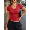 imageTrendy Queen Womens Short Sleeve Shirts V Neck Basic Crop Tops 2026 Fashion Summer Cute Tee Slim Fit Workout Y2k ClothesRed
