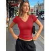 imageTrendy Queen Womens Short Sleeve Shirts V Neck Basic Crop Tops 2026 Fashion Summer Cute Tee Slim Fit Workout Y2k ClothesRed
