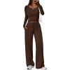 imageTrendy Queen Womens 2 Piece Matching Lounge Sets Long Sleeve Henley Neck Slightly Crop Top Wide Leg Pants Casual Sweat SuitCoffee
