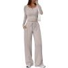 imageTrendy Queen Womens 2 Piece Matching Lounge Sets Long Sleeve Henley Neck Slightly Crop Top Wide Leg Pants Casual Sweat SuitLight Apricot