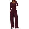imageTrendy Queen Womens 2 Piece Matching Lounge Sets Long Sleeve Henley Neck Slightly Crop Top Wide Leg Pants Casual Sweat SuitWine Red
