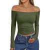 imageTrendy Queen Womens Long Sleeve Off The Shoulder Tops Going Out Cute Basic Y2K Fall Fashion 2026 Outfits ClothesArmy Green