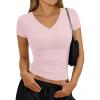 imageTrendy Queen Womens Short Sleeve Shirts V Neck Basic Crop Tops 2026 Fashion Summer Cute Tee Slim Fit Workout Y2k ClothesLight Pink