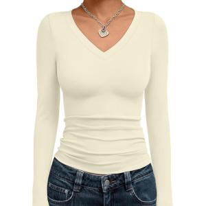 imageTrendy Queen Long Sleeve Shirts for Women 2026 Fall Fashion V Neck Basics Crop Tops Slim Fitted Y2K Tops Outfits ClothesApricot