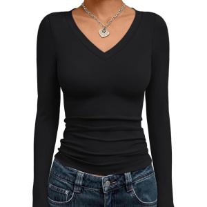 imageTrendy Queen Long Sleeve Shirts for Women 2026 Fall Fashion V Neck Basics Crop Tops Slim Fitted Y2K Tops Outfits ClothesBlack