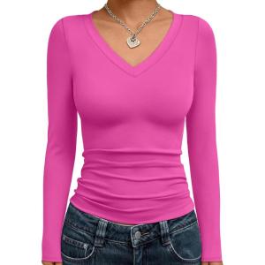 imageTrendy Queen Long Sleeve Shirts for Women 2026 Fall Fashion V Neck Basics Crop Tops Slim Fitted Y2K Tops Outfits ClothesHot Pink