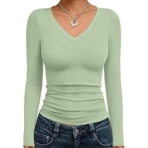 imageTrendy Queen Long Sleeve Shirts for Women 2026 Fall Fashion V Neck Basics Crop Tops Slim Fitted Y2K Tops Outfits ClothesLight Green