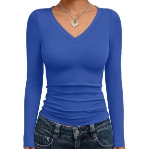imageTrendy Queen Long Sleeve Shirts for Women 2026 Fall Fashion V Neck Basics Crop Tops Slim Fitted Y2K Tops Outfits ClothesRoyal Blue