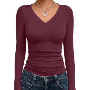 imageTrendy Queen Long Sleeve Shirts for Women 2026 Fall Fashion V Neck Basics Crop Tops Slim Fitted Y2K Tops Outfits ClothesWine Red