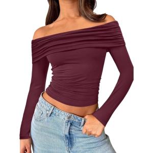 imageTrendy Queen Women Long Sleeve Shirts Off Shoulder Tops Going Out Crop Sexy Slim Fitted Y2K Fall Outfits 2026 Fashion ClothesBurgundy