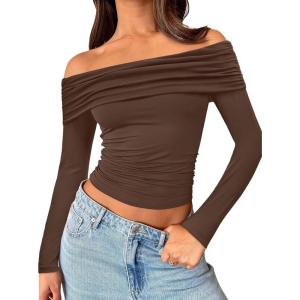 imageTrendy Queen Women Long Sleeve Shirts Off Shoulder Tops Going Out Crop Sexy Slim Fitted Y2K Fall Outfits 2026 Fashion ClothesCoffee