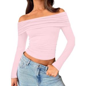 imageTrendy Queen Women Long Sleeve Shirts Off Shoulder Tops Going Out Crop Sexy Slim Fitted Y2K Fall Outfits 2026 Fashion ClothesPink