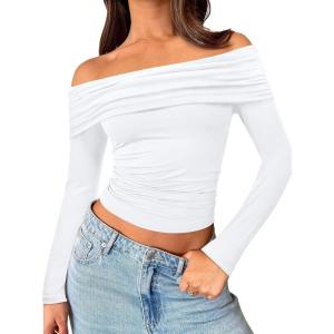 imageTrendy Queen Women Long Sleeve Shirts Off Shoulder Tops Going Out Crop Sexy Slim Fitted Y2K Fall Outfits 2026 Fashion ClothesWhite