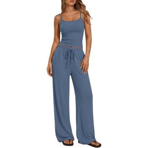 imageTrendy Queen Womens 2 Piece Lounge Set Spring Outfits  Camisole Top amp Wide Leg PantsDusty Blue