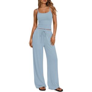 imageTrendy Queen Womens 2 Piece Lounge Set Spring Outfits  Camisole Top amp Wide Leg PantsLight Blue