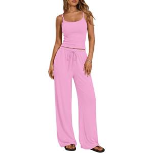 imageTrendy Queen Womens 2 Piece Lounge Set Spring Outfits  Camisole Top amp Wide Leg PantsPink