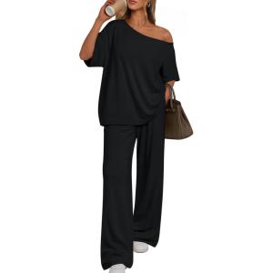 imageTrendy Queen Womens 2 Piece Lounge Sets Airport Travel Casual Outfits Off Shoulder Oversized Tshirts and Wide Leg Pants 2026Black