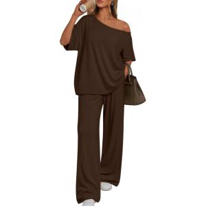 imageTrendy Queen Womens 2 Piece Lounge Sets Airport Travel Casual Outfits Off Shoulder Oversized Tshirts and Wide Leg Pants 2026Brown