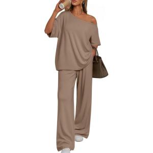 imageTrendy Queen Womens 2 Piece Lounge Sets Airport Travel Casual Outfits Off Shoulder Oversized Tshirts and Wide Leg Pants 2026Mocha