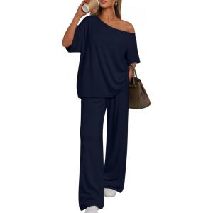 imageTrendy Queen Womens 2 Piece Lounge Sets Airport Travel Casual Outfits Off Shoulder Oversized Tshirts and Wide Leg Pants 2026Navy