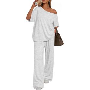 imageTrendy Queen Womens 2 Piece Lounge Sets Airport Travel Casual Outfits Off Shoulder Oversized Tshirts and Wide Leg Pants 2026Oatmeal Grey