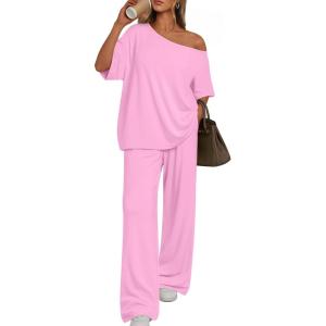 imageTrendy Queen Womens 2 Piece Lounge Sets Airport Travel Casual Outfits Off Shoulder Oversized Tshirts and Wide Leg Pants 2026Pink