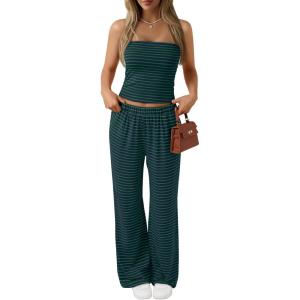 imageTrendy Queen Womens 2 Piece Lounge Sets Matching Summer Beach Vacation Outfits 2026 Striped Tube Tops Pants Travel ClothesBluegreen