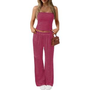 imageTrendy Queen Womens 2 Piece Lounge Sets Matching Summer Beach Vacation Outfits 2026 Striped Tube Tops Pants Travel ClothesBurgundypink