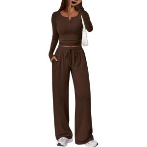 imageTrendy Queen Womens 2 Piece Matching Lounge Sets Long Sleeve Henley Neck Slightly Crop Top Wide Leg Pants Casual Sweat SuitCoffee