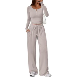 imageTrendy Queen Womens 2 Piece Matching Lounge Sets Long Sleeve Henley Neck Slightly Crop Top Wide Leg Pants Casual Sweat SuitLight Apricot