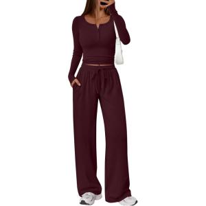 imageTrendy Queen Womens 2 Piece Matching Lounge Sets Long Sleeve Henley Neck Slightly Crop Top Wide Leg Pants Casual Sweat SuitWine Red