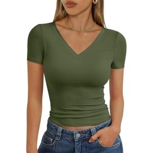 imageTrendy Queen Womens Basic V Neck Short Sleeve Spring T Shirts Slim Fit Crop Y2k Tee 2026 Summer Gym Workout Cute TopArmygreen