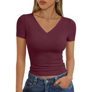 imageTrendy Queen Womens Basic V Neck Short Sleeve Spring T Shirts Slim Fit Crop Y2k Tee 2026 Summer Gym Workout Cute TopBurgundy