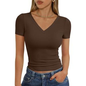 imageTrendy Queen Womens Basic V Neck Short Sleeve Spring T Shirts Slim Fit Crop Y2k Tee 2026 Summer Gym Workout Cute TopChocolate Brown