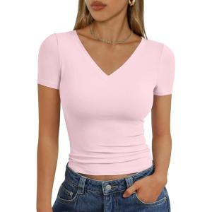imageTrendy Queen Womens Basic V Neck Short Sleeve Spring T Shirts Slim Fit Crop Y2k Tee 2026 Summer Gym Workout Cute TopPink