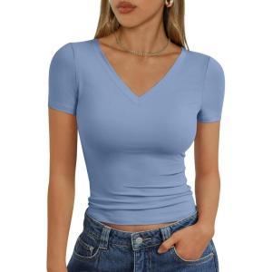 imageTrendy Queen Womens Basic V Neck Short Sleeve Spring T Shirts Slim Fit Crop Y2k Tee 2026 Summer Gym Workout Cute TopSky